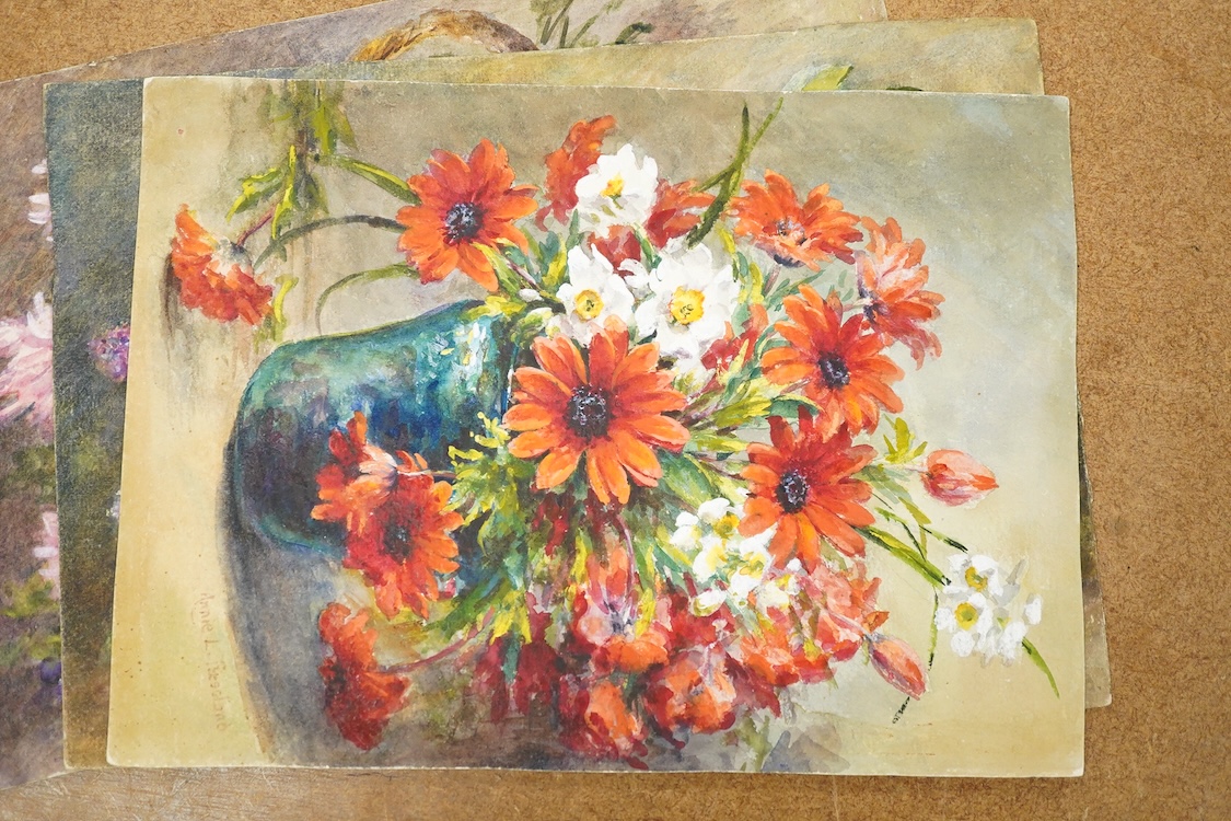Annie L Pressland, Set of four original watercolours for postcard designs, to include Chrysanthemums and Violets, Lilac and Scarlet Anenomes, each signed, watercolours on card, unframed, largest 19 x 27cm